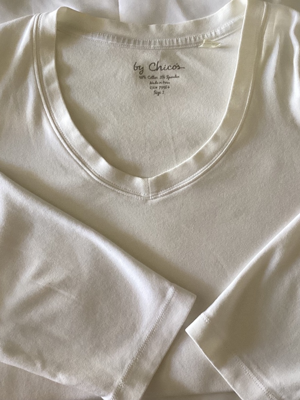 Ladies CHICO’s V-Neck, White Tee with 3/4 Sleeves Size 2